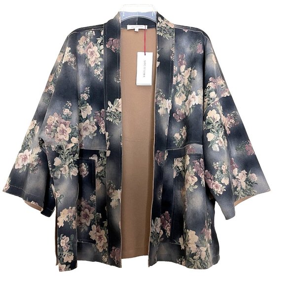 Solitaire Dark Floral Open Front Blazer Jacket Large Faux Suede NEW Fairy - Picture 1 of 10